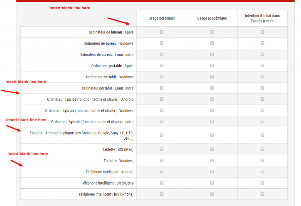 Insert blank line in array question - LimeSurvey forums